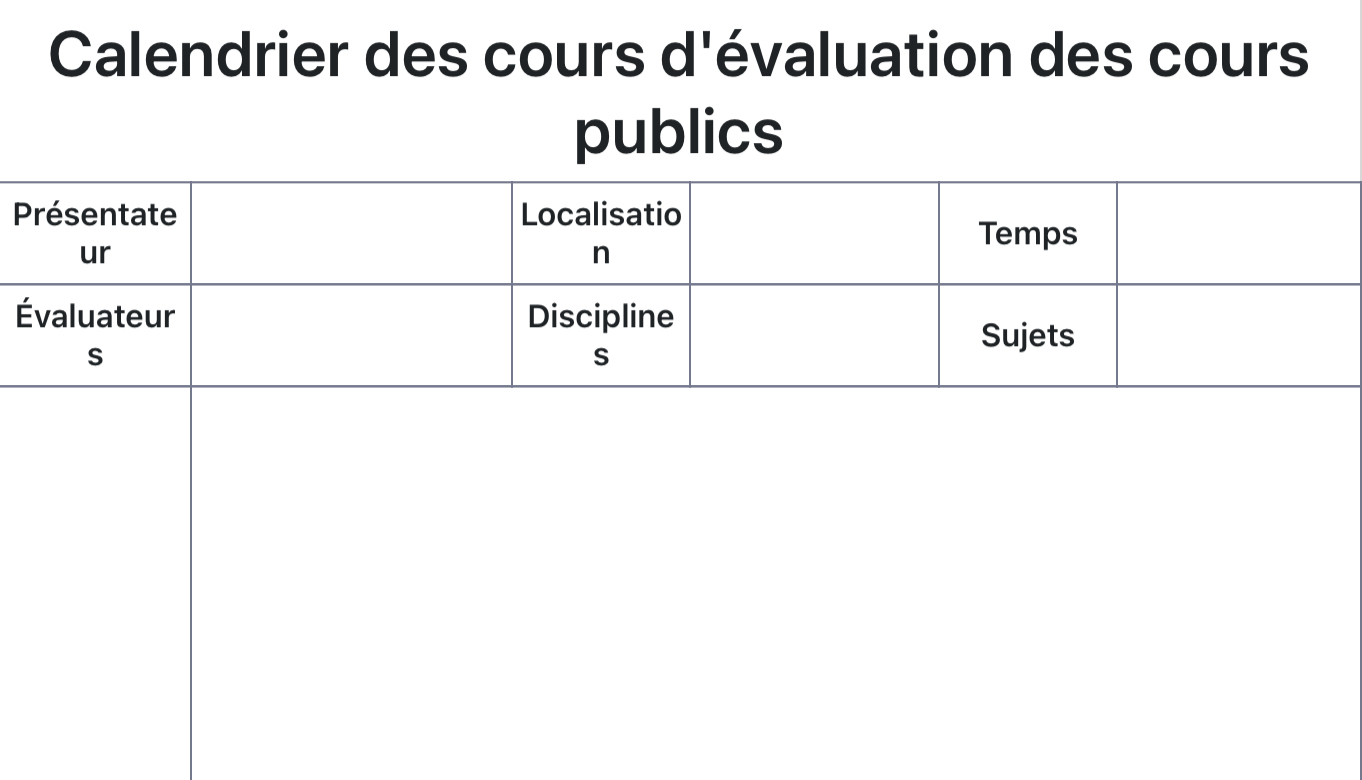 Calendrier des cours d'évaluation des cours publics